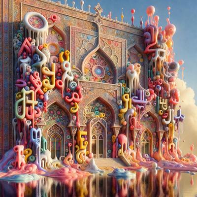The primary subject of the image is a large, colorful building with a variety of decorations and patterns. The building is adorned with a multitude of candy-like decorations, giving it a whimsical and playful appearance. The setting is a pink and blue sky, which adds to the overall vibrant atmosphere of the scene. The visual style of the image is a combination of digital art and illustration, creating a unique and eye-catching design. The colors and mood of the image are pre